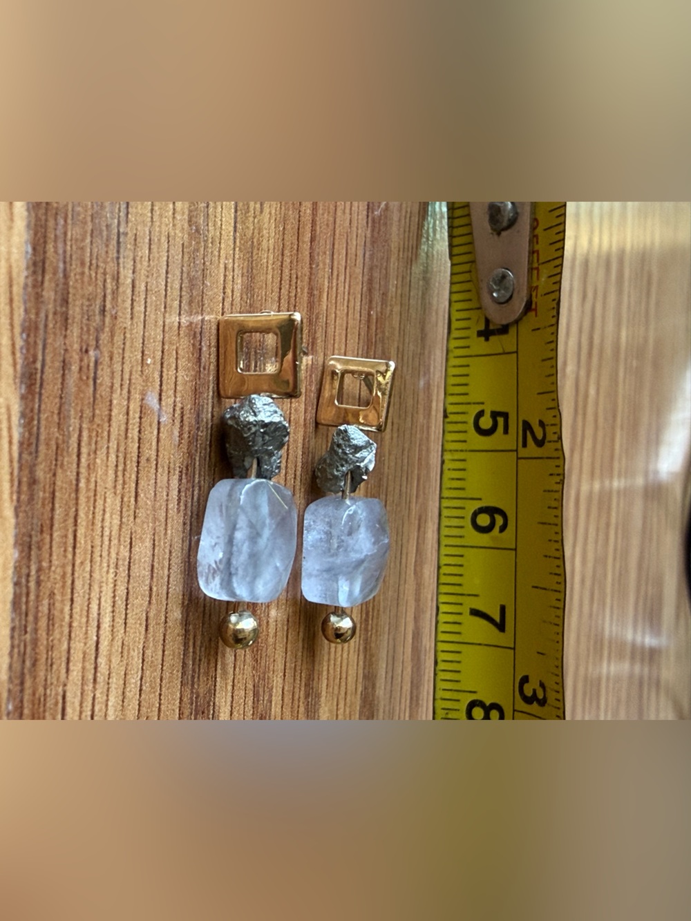 Handmade Gold Tone & Light Blue Stone Drop Earrings